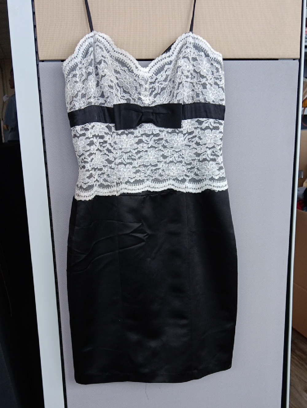 Betsey Johnson Black Satin Mini Dress with White Lace Bodice
